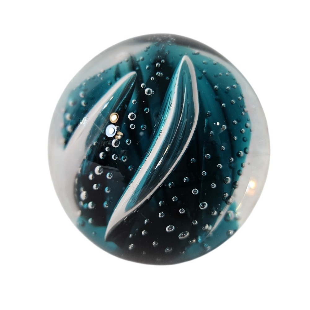Caithness Scotland Signed  Green Blue Steel Controlled Bubble Glass Paperweight
